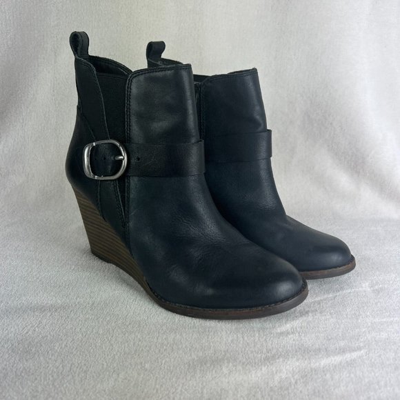 Lucky Brand Yishi Ankle Booties 8.5 Black Leather Stacked Wedge Zip Buck… - Picture 12 of 12